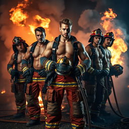 A group of attractive firefighters in full gear, standing confidently with their hoses and helmets, amidst a dramatic backdrop of smoke and flames