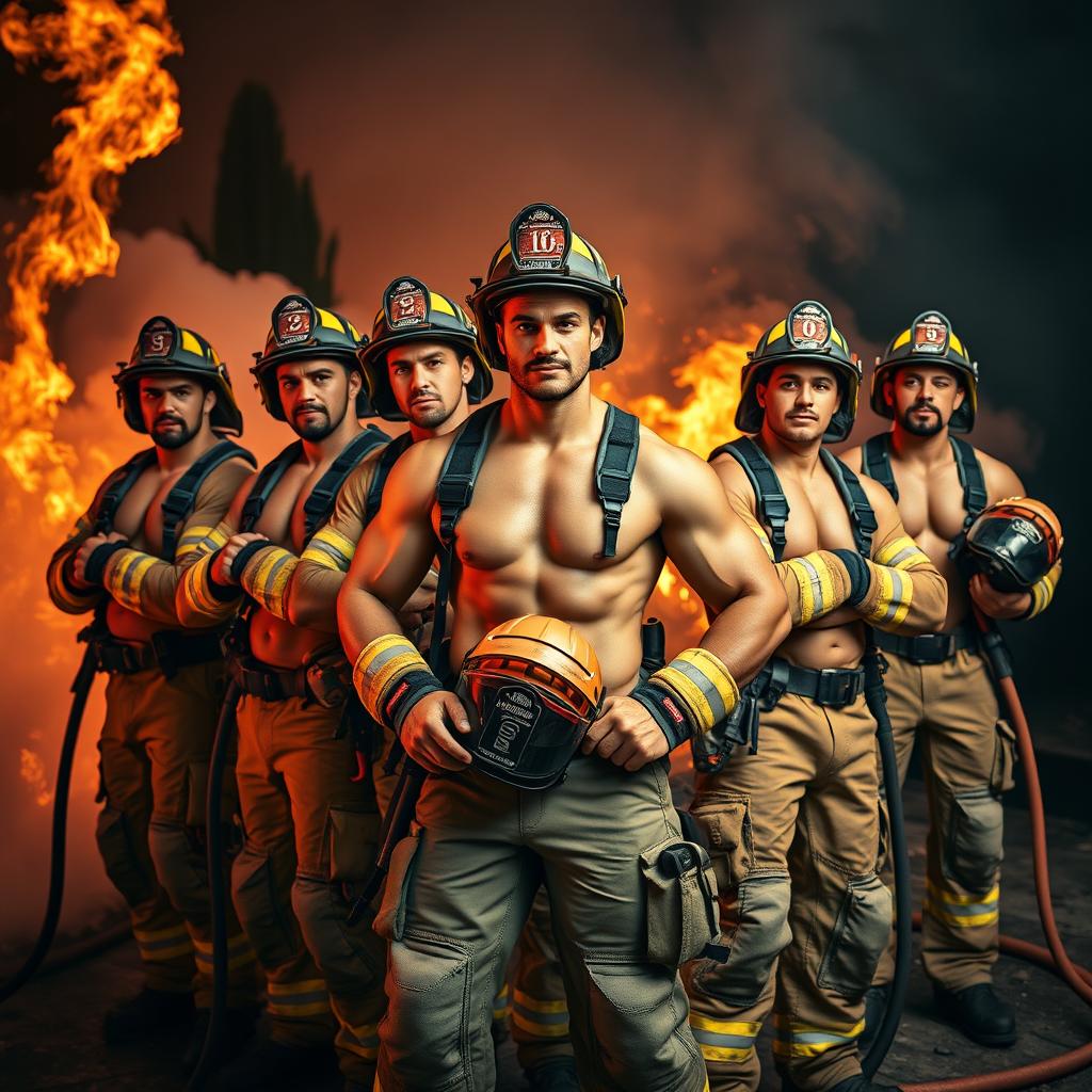 A group of attractive firefighters in full gear, standing confidently with their hoses and helmets, amidst a dramatic backdrop of smoke and flames