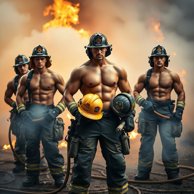 A group of attractive firefighters in full gear, standing confidently with their hoses and helmets, amidst a dramatic backdrop of smoke and flames