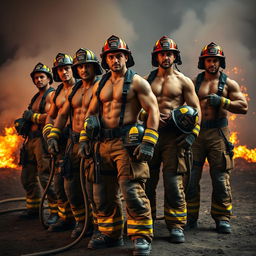 A group of attractive firefighters in full gear, standing confidently with their hoses and helmets, amidst a dramatic backdrop of smoke and flames