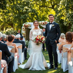 A beautiful wedding scene taking place outdoors in a lush garden filled with blooming flowers