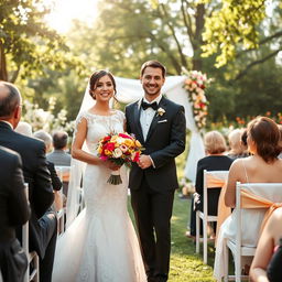 A beautiful wedding scene taking place outdoors in a lush garden filled with blooming flowers