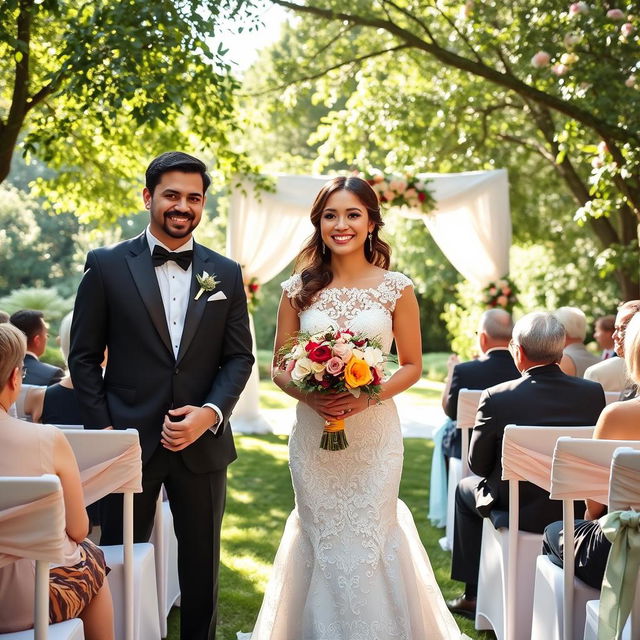 A beautiful wedding scene taking place outdoors in a lush garden filled with blooming flowers