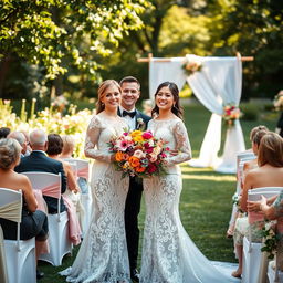 A beautiful wedding scene taking place outdoors in a lush garden filled with blooming flowers
