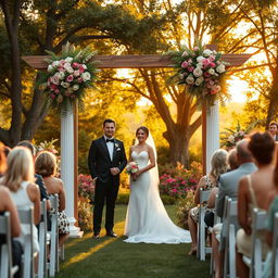 A beautiful outdoor wedding scene set in a lush garden during golden hour