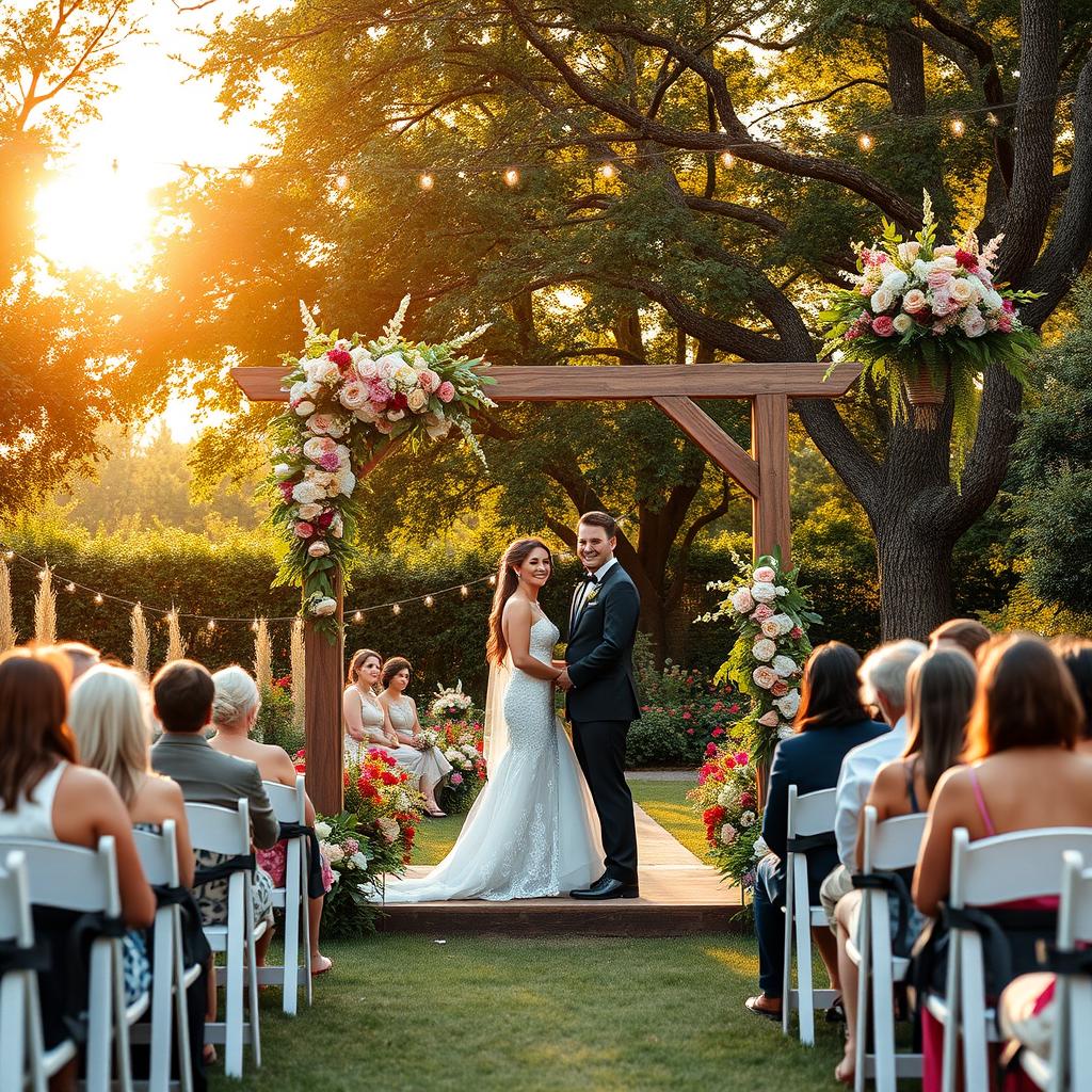 A beautiful outdoor wedding scene set in a lush garden during golden hour