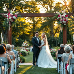 A beautiful outdoor wedding scene set in a lush garden during golden hour