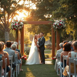 A beautiful outdoor wedding scene set in a lush garden during golden hour