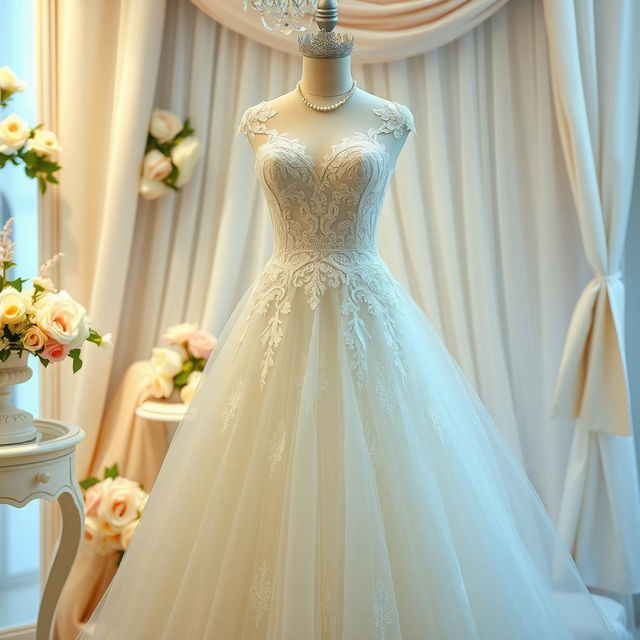 A stunning wedding dress displayed elegantly on a vintage mannequin in a softly lit boutique