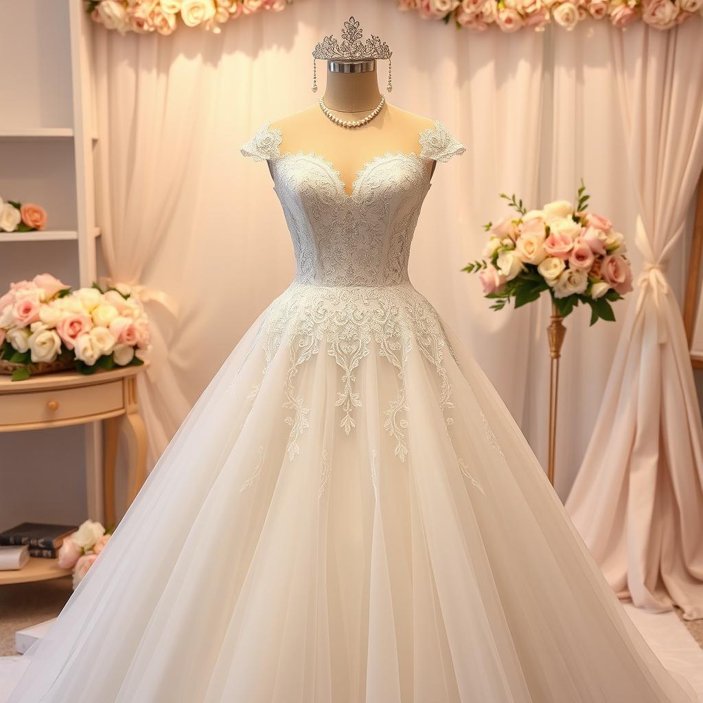 A stunning wedding dress displayed elegantly on a vintage mannequin in a softly lit boutique