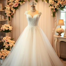 A stunning wedding dress displayed elegantly on a vintage mannequin in a softly lit boutique