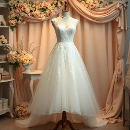 A stunning wedding dress displayed elegantly on a vintage mannequin in a softly lit boutique