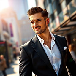 A stylish man standing confidently in a sleek black blazer with a crisp white shirt underneath, showcasing a modern urban setting in the background