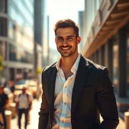 A stylish man standing confidently in a sleek black blazer with a crisp white shirt underneath, showcasing a modern urban setting in the background