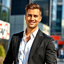 A stylish man standing confidently in a sleek black blazer with a crisp white shirt underneath, showcasing a modern urban setting in the background