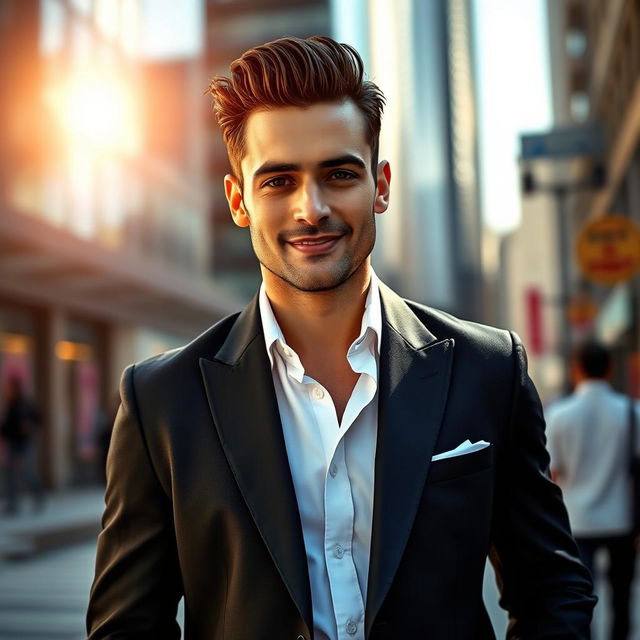 A stylish man standing confidently in a sleek black blazer with a crisp white shirt underneath, showcasing a modern urban setting in the background