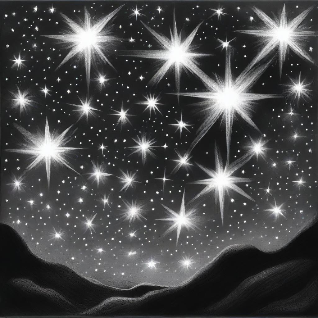 A distinct, high-quality charcoal drawing that features a series of brightly shining stars