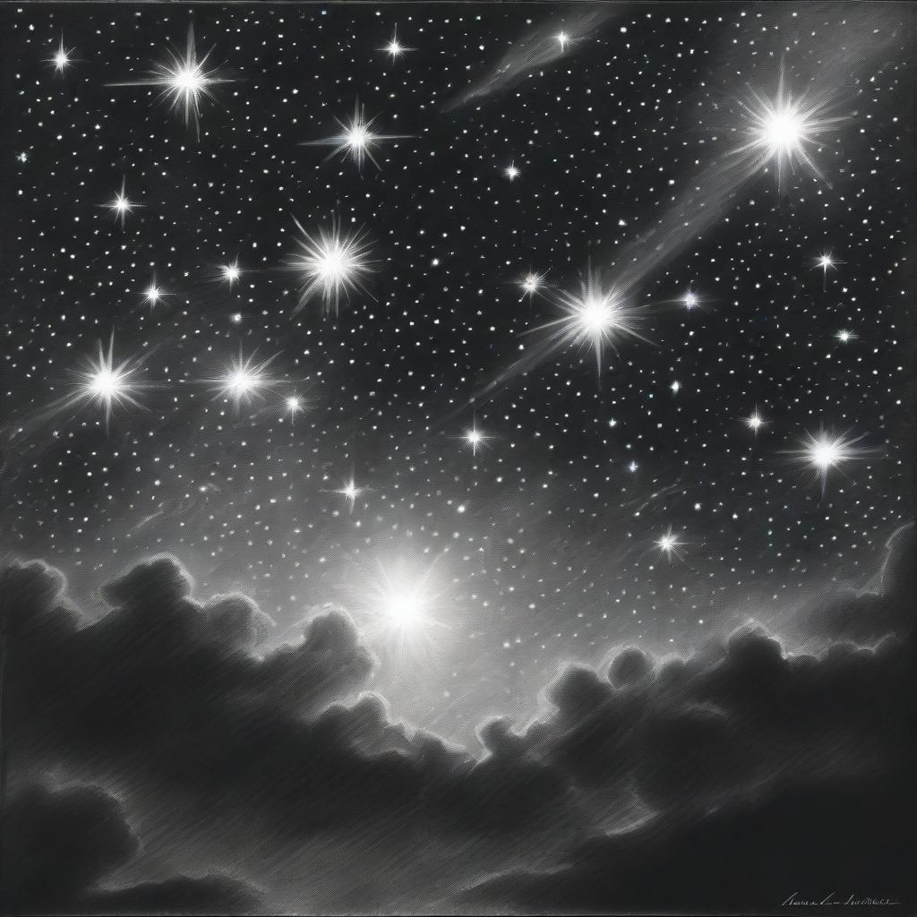 A distinct, high-quality charcoal drawing that features a series of brightly shining stars