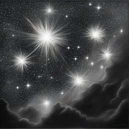 A distinct, high-quality charcoal drawing that features a series of brightly shining stars