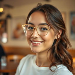 A young woman with a round face and warm skin tone, wearing chunky transparent eyeglasses