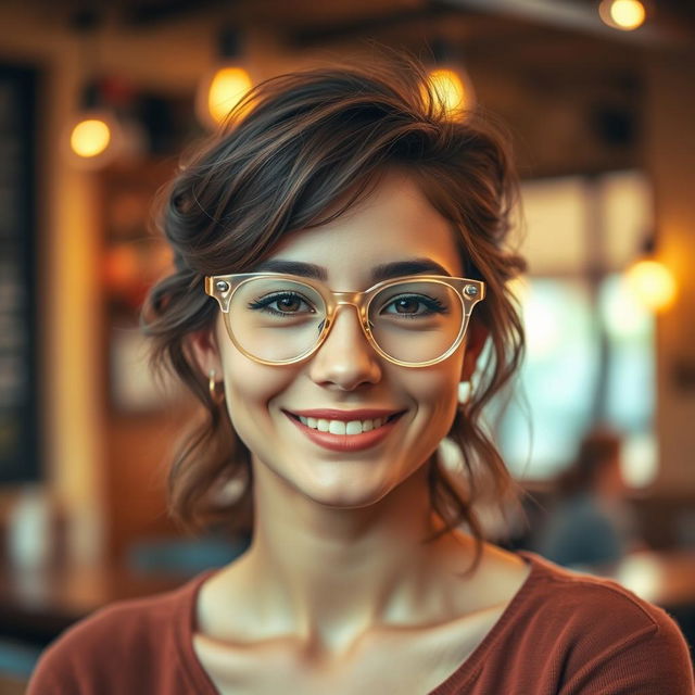 A young woman with a round face and warm skin tone, wearing chunky transparent eyeglasses