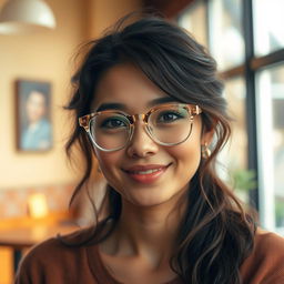 A young woman with a round face and warm skin tone, wearing chunky transparent eyeglasses