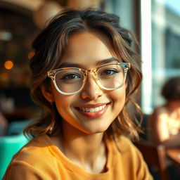 A young woman with a round face and warm skin tone, wearing chunky transparent eyeglasses