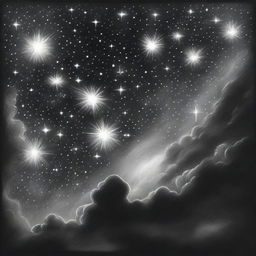 A distinct, high-quality charcoal drawing that features a series of brightly shining stars