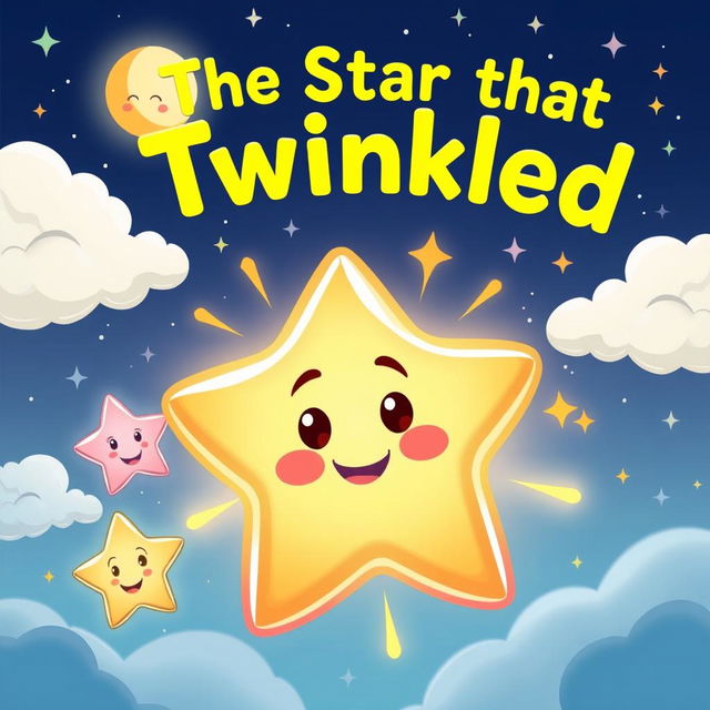 A colorful cartoon poster illustrating a whimsical star that glows and twinkles brightly in a night sky filled with fluffy clouds and sparkles