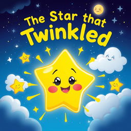 A colorful cartoon poster illustrating a whimsical star that glows and twinkles brightly in a night sky filled with fluffy clouds and sparkles