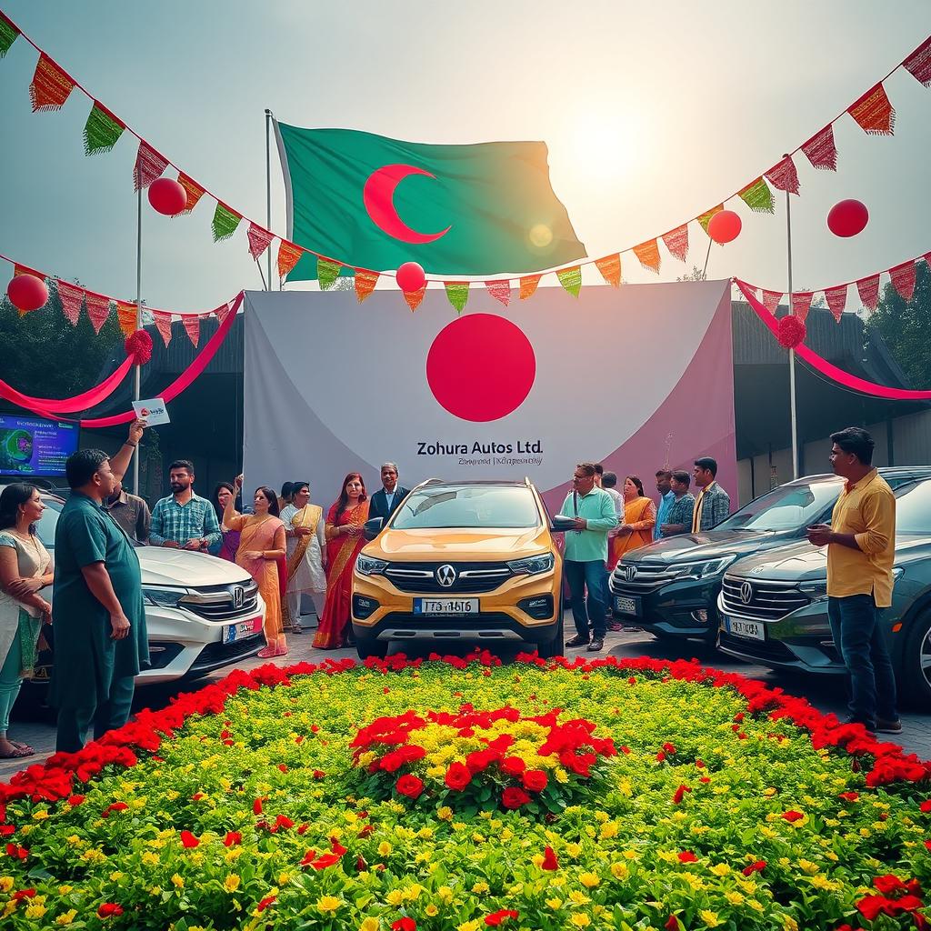 A captivating scene celebrating Bangladesh Independence Day featuring a festive atmosphere with colorful decorations and traditional motifs