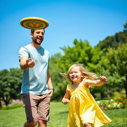 A joyful scene of a man outdoors, playing with his two children in a lush green park