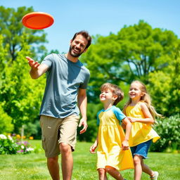 A joyful scene of a man outdoors, playing with his two children in a lush green park
