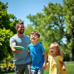 A joyful scene of a man outdoors, playing with his two children in a lush green park