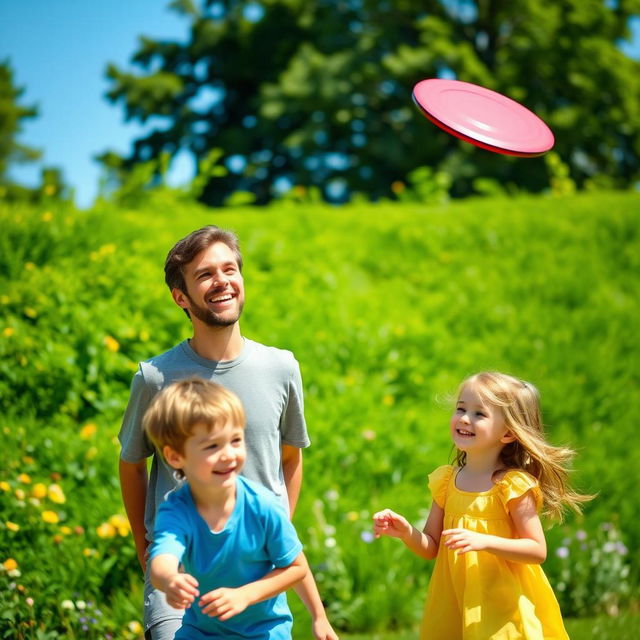 A joyful scene of a man outdoors, playing with his two children in a lush green park