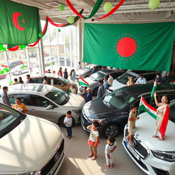 A vibrant and colorful display celebrating Bangladesh Independence Day at a car showroom