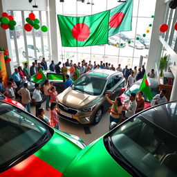 A vibrant and colorful display celebrating Bangladesh Independence Day at a car showroom