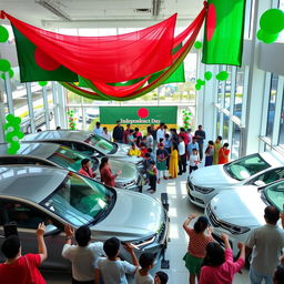 A vibrant and colorful display celebrating Bangladesh Independence Day at a car showroom