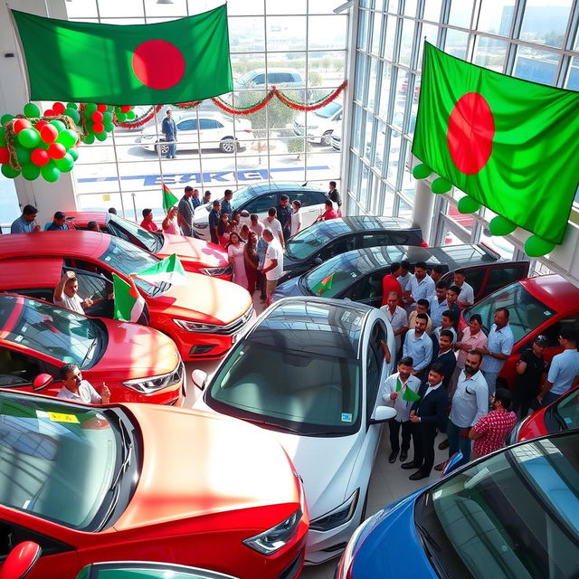 A vibrant and colorful display celebrating Bangladesh Independence Day at a car showroom