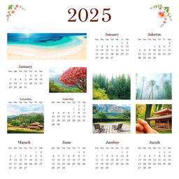 A beautifully designed calendar for the year 2025, featuring stunning landscapes for each month, including a serene beach in January, vibrant cherry blossoms in March, lush green forests in June, and a cozy winter scene in December