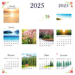 A beautifully designed calendar for the year 2025, featuring stunning landscapes for each month, including a serene beach in January, vibrant cherry blossoms in March, lush green forests in June, and a cozy winter scene in December