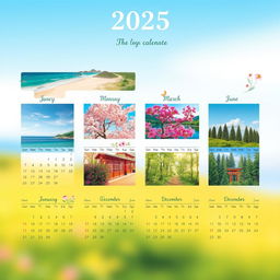 A beautifully designed calendar for the year 2025, featuring stunning landscapes for each month, including a serene beach in January, vibrant cherry blossoms in March, lush green forests in June, and a cozy winter scene in December