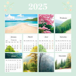 A beautifully designed calendar for the year 2025, featuring stunning landscapes for each month, including a serene beach in January, vibrant cherry blossoms in March, lush green forests in June, and a cozy winter scene in December