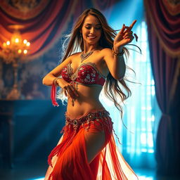 A captivating scene of a woman performing an elegant belly dance