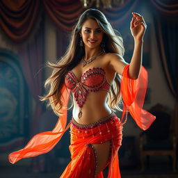 A captivating scene of a woman performing an elegant belly dance