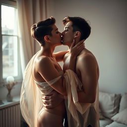 A passionate scene of a young couple, a boy and his girlfriend, sharing a tender kiss in a softly lit room