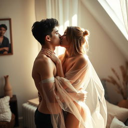 A passionate scene of a young couple, a boy and his girlfriend, sharing a tender kiss in a softly lit room