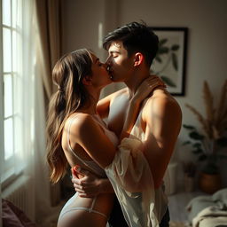 A passionate scene of a young couple, a boy and his girlfriend, sharing a tender kiss in a softly lit room