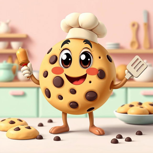 A whimsical and playful cookie character design, anthropomorphic with big expressive eyes and a cheeky smile