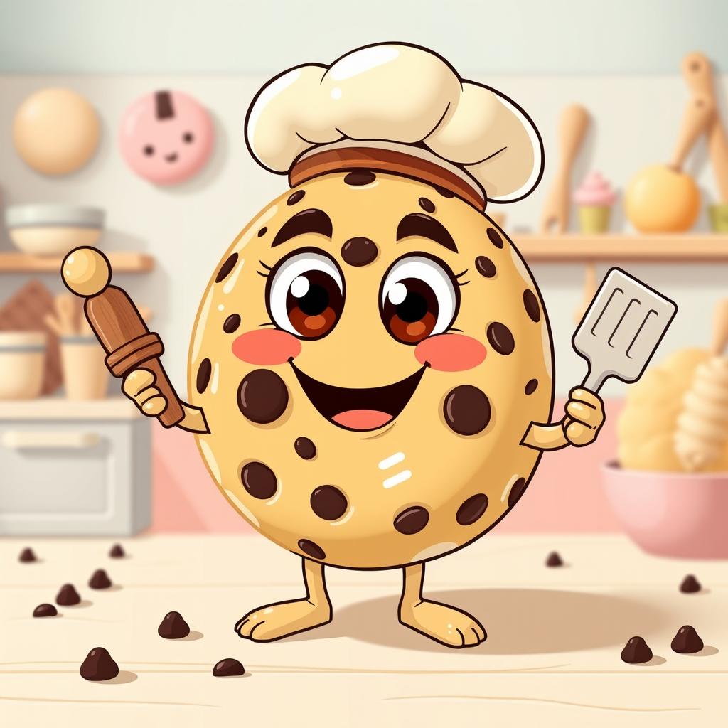 A whimsical and playful cookie character design, anthropomorphic with big expressive eyes and a cheeky smile